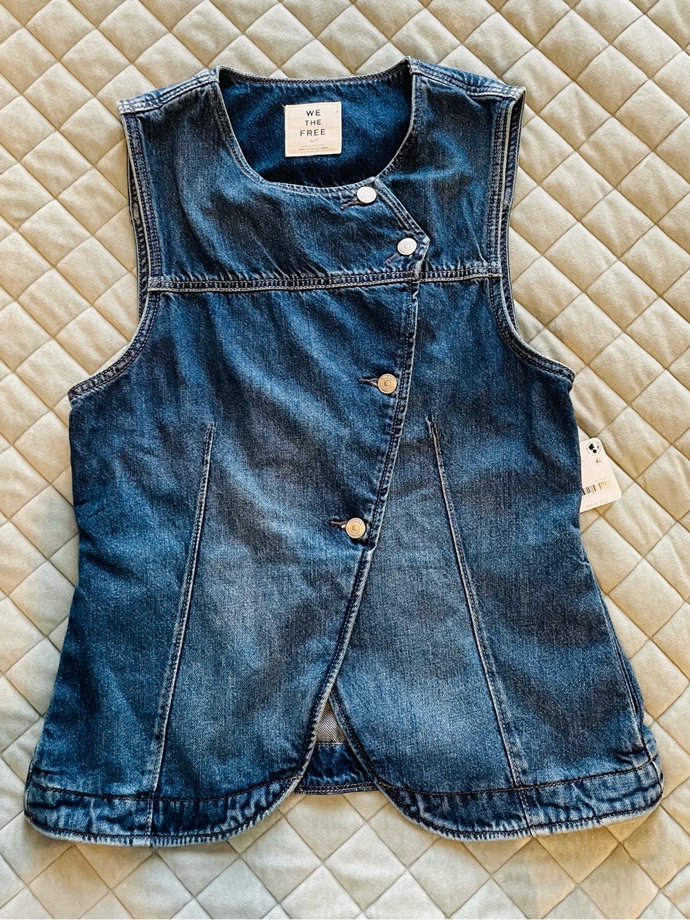 We The Free Dark Blue Denim Vest with Asymmetrical Button Front